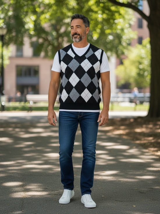Kallspin Other - Men's Black & Gray Argyle V-Neck Knit Vest